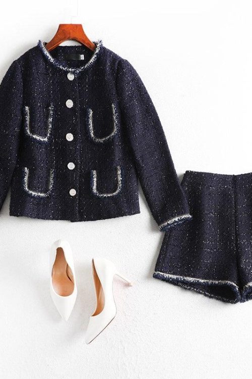 Chanel-esque Blue Plus Size Tweed Blazer Jacket and Shorts Set