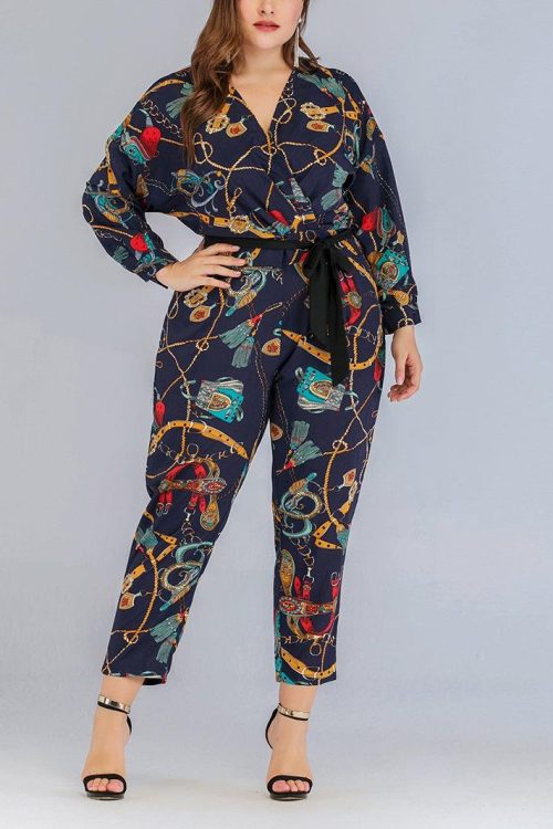 Plus Size Blue Chain Print V Neck Romper Jumpsuit (Suitable For Chinese New Year) (EXTRA BIG SIZE)