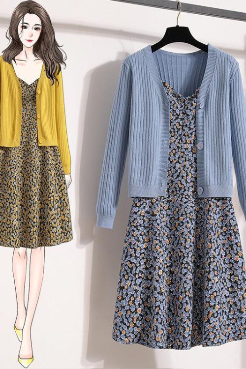 Size Blue Ditsy Floral Sleeveless Midi Dress and Cardigan Set