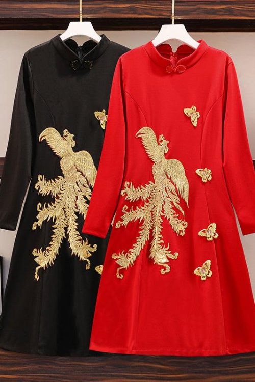 size cheongsam gold phoenix long sleeve dress