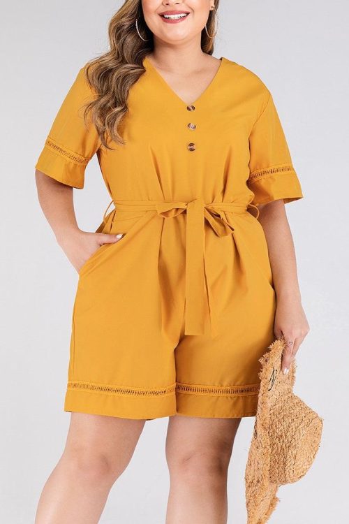 Plus Size V Neck Waist Tie Yellow Romper (Suitable For Chinese New Year) (EXTRA BIG SIZE)