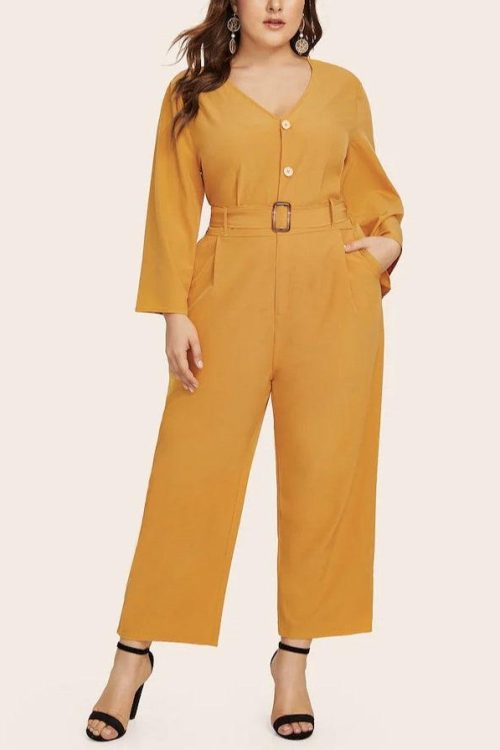 Plus Size Yellow V Neck Buttons Belted Pockets Romper Jumpsuit (EXTRA BIG SIZE)