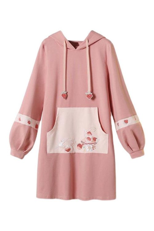 Plus Size Strawberry Embroidery Hoodie Long Sleeve Dress