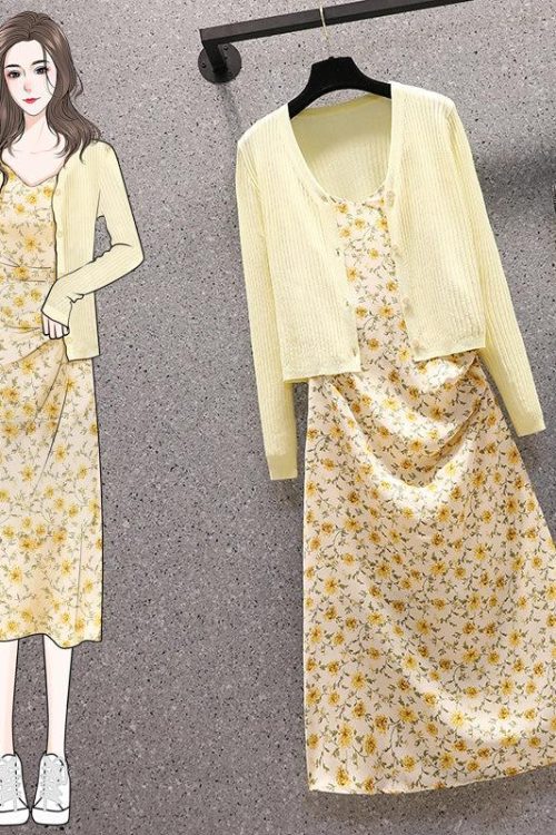 size Korean ditsy floral dress and cardigan set