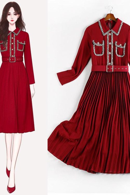plus size red chanel-esque belted pleats shirt dress