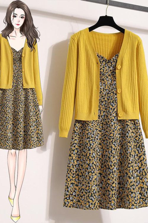 Size Yellow Ditsy Floral Sleeveless Midi Dress and Cardigan Set