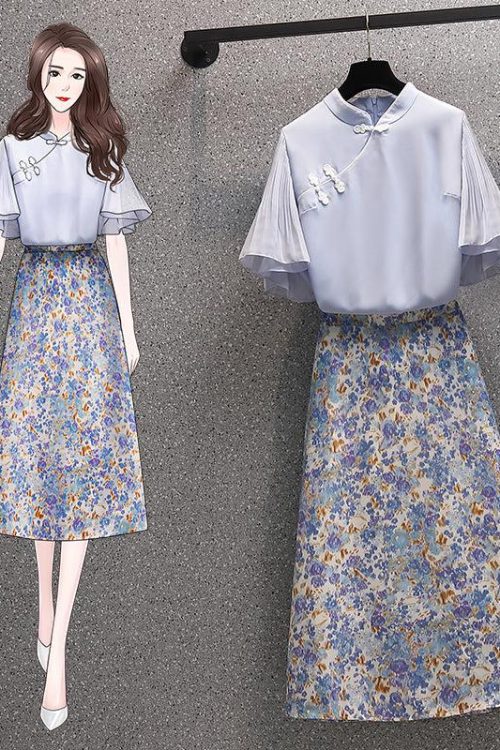 size blue cheongsam top / floral midi skirt / set