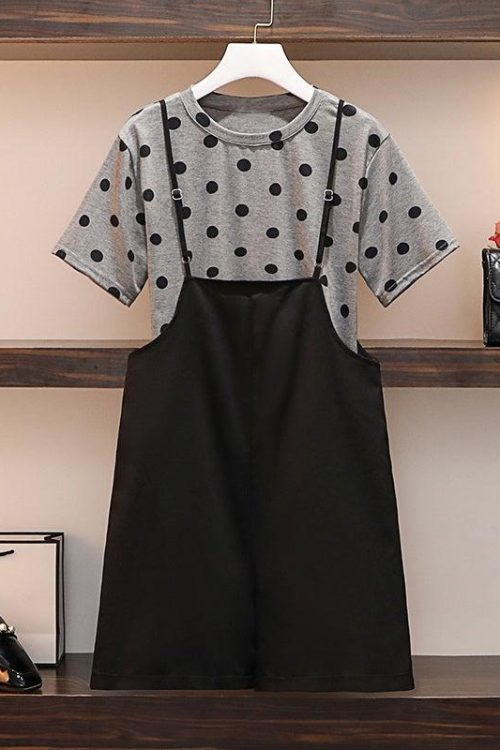 Plus Size 2 Piece Grey Polka Dots Short Sleeve T Shirt Top And Dungaree Romper Set