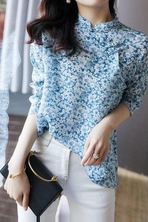 Size Blue Floral Cheongsam Top