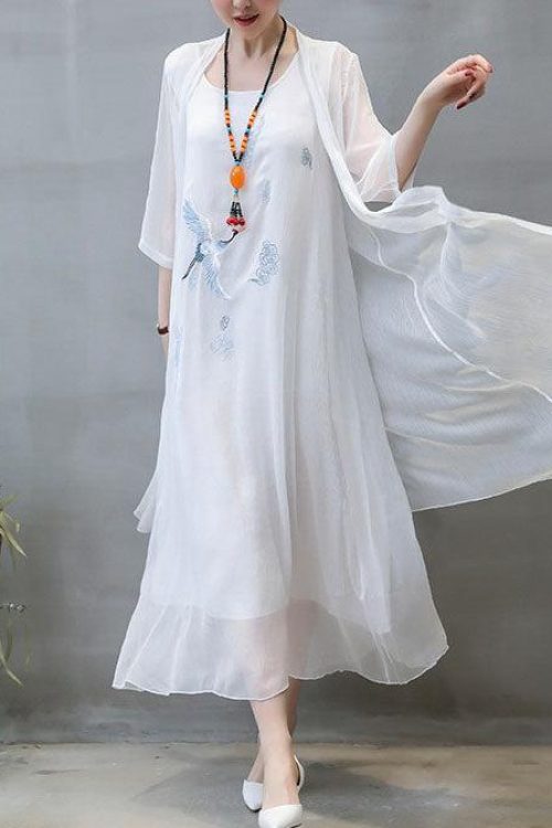 Plus Size Chinese Crane Embroidery Cotton Linen Long Cardigan Jacket And Sleeveless Maxi Dress Set (Suitable For Chinese New Year) (Blue, White, Red, Yellow, Purple)