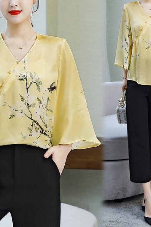 Size Yellow Oriental Cheongsam Mid Sleeve Top