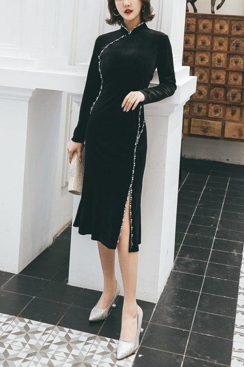 Size Black Velvet Pearl Cheongsam Evening Long Sleeve Dress