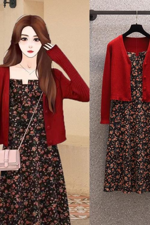 Size Red Knit Cardigan and Sleeveless Floral Midi Dress Set