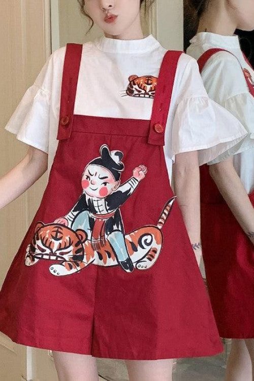 Size Cute Tiger Girl Top And Sleeveless Dungaree Dress Set