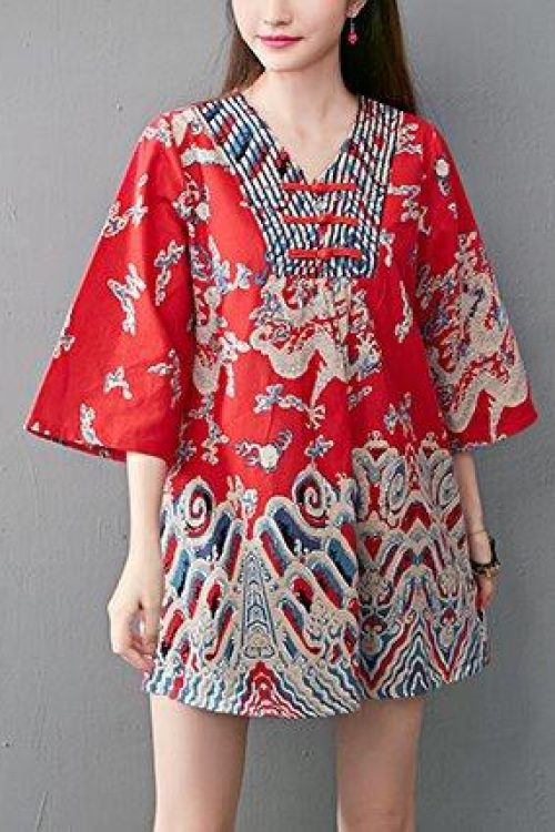 Size Oriental Mini Dress / Tunic Mid Sleeve Top