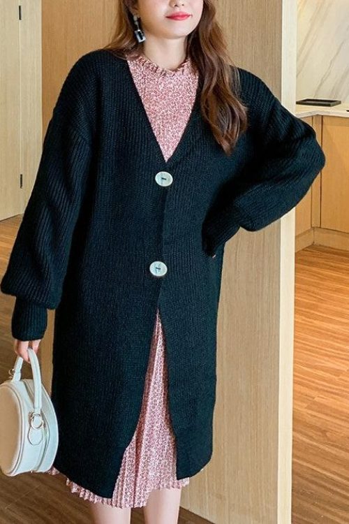 Plus Size Pleated Korean Loose Long Sleeve Dress And Long Knit Cardigan Set