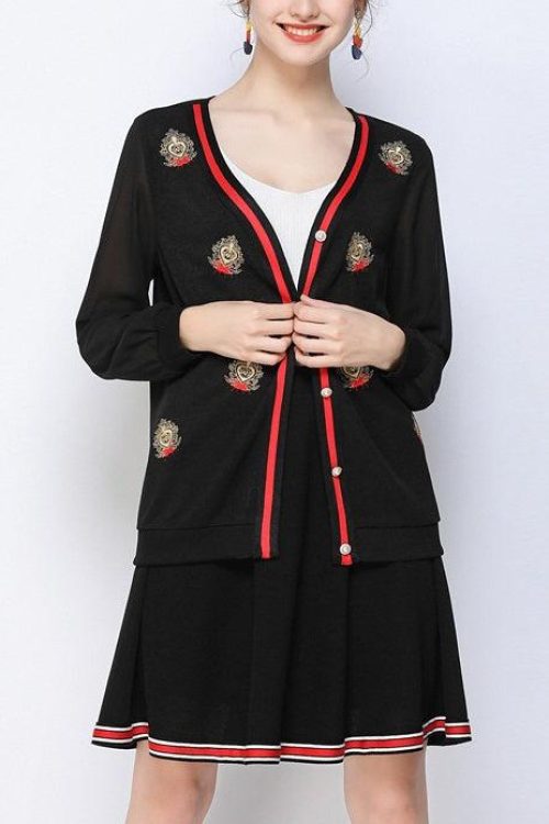 Plus Size Royal Embroidery Red Trim Button Up Cardigan