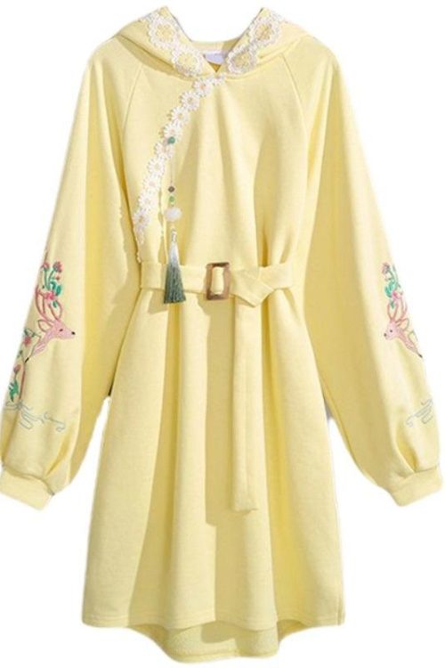 Plus Size Oriental Yellow Embroidery Hoodie Long Sleeve Dress