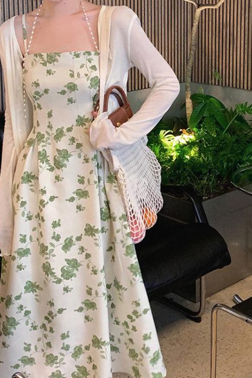 Size Green Floral Korean Midi Dress / Cardigan