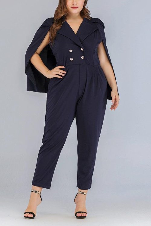 Plus Size Dark Blue Double Breast Cape Look Smart Romper Jumpsuit (Suitable For Chinese New Year) (EXTRA BIG SIZE)