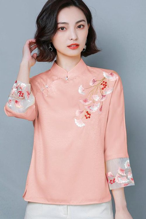 Size Floral Embroidery Cheongsam Top