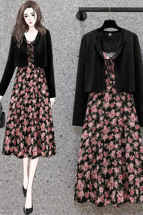 Size Cardigan and Floral Dress Set