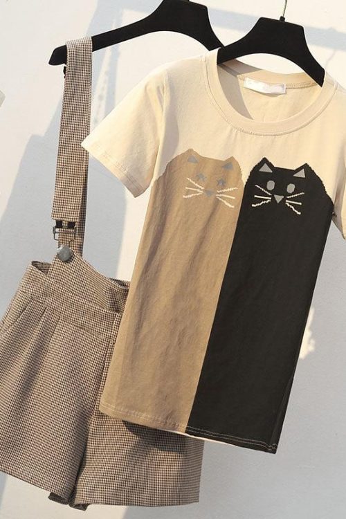 Plus Size Cats Knit T Shirt And Overalls Dungarees