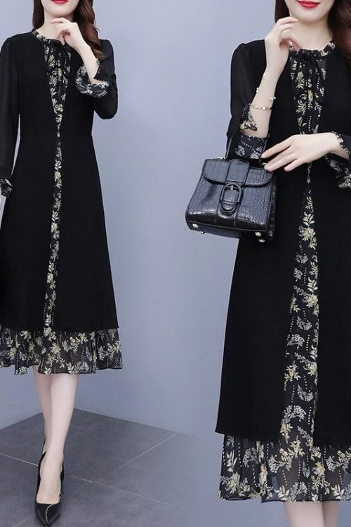 Size Floral Layer Black Work Long Sleeve Midi Dress