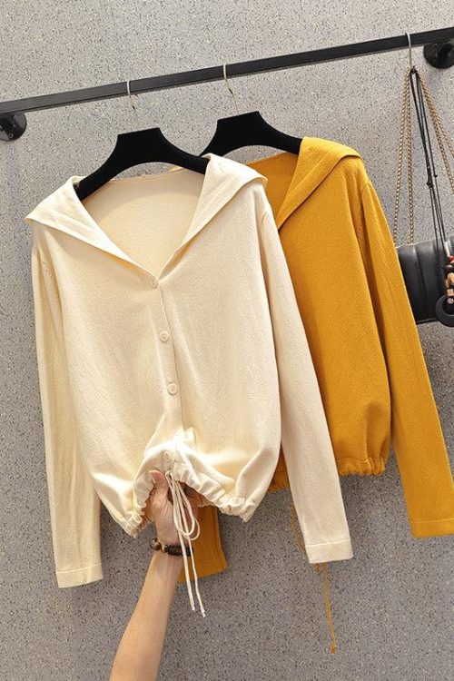 Plus Size Knit Buttons Hoodie Long Sleeve Cardigan Jacket (Yellow, Cream)